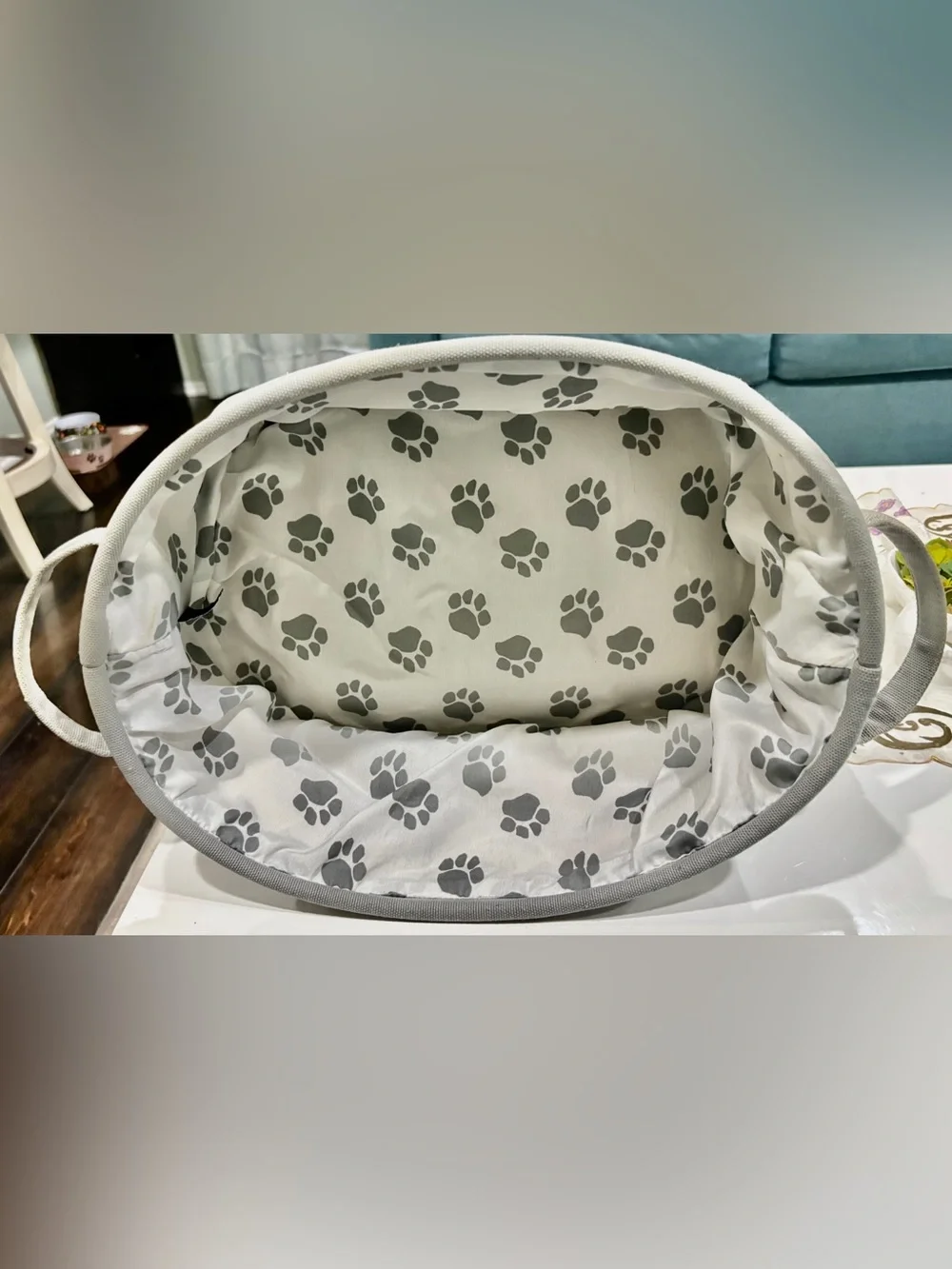 Bark Less Wag More” Embroidered Canvas Pet Toy Basket in Light Gray/Paw Prints
